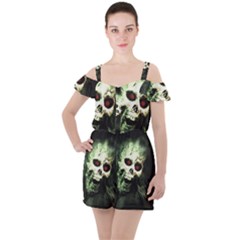 Screaming Skull Human Halloween Ruffle Cut Out Chiffon Playsuit