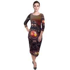 Fractal Mandelbulb 3d Action Quarter Sleeve Midi Velour Bodycon Dress