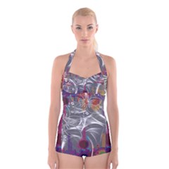 Flora Entwine Fractals Flowers Boyleg Halter Swimsuit  by Wegoenart