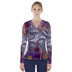 Flora Entwine Fractals Flowers V-neck Long Sleeve Top by Wegoenart