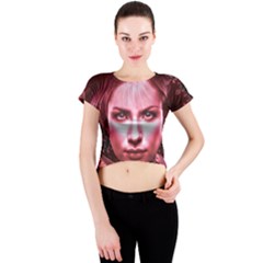 Portrait Woman Red Face Pretty Crew Neck Crop Top by Wegoenart