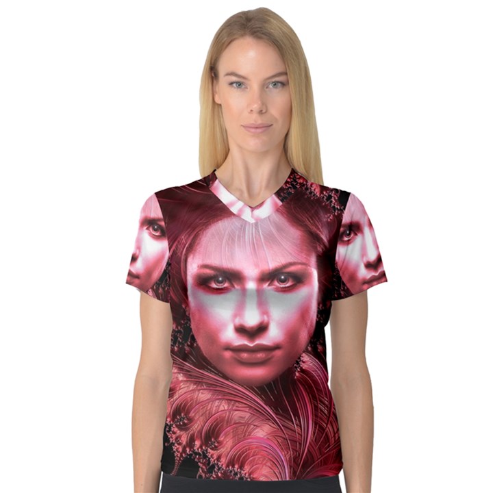 Portrait Woman Red Face Pretty V-Neck Sport Mesh Tee