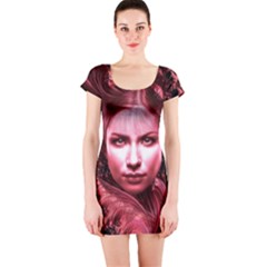 Portrait Woman Red Face Pretty Short Sleeve Bodycon Dress by Wegoenart