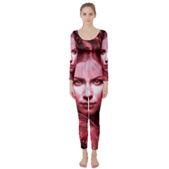 Portrait Woman Red Face Pretty Long Sleeve Catsuit by Wegoenart