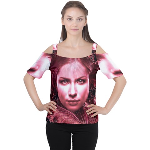 Portrait Woman Red Face Pretty Cutout Shoulder Tee by Wegoenart