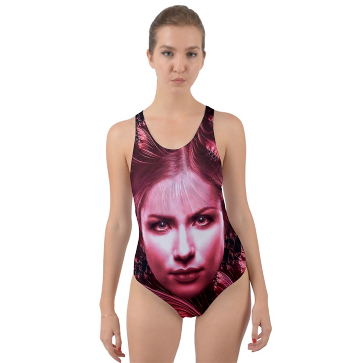 Portrait Woman Red Face Pretty Cut-Out Back One Piece Swimsuit