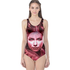 Portrait Woman Red Face Pretty One Piece Swimsuit by Wegoenart