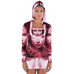 Portrait Woman Red Face Pretty Long Sleeve Hooded T-shirt by Wegoenart