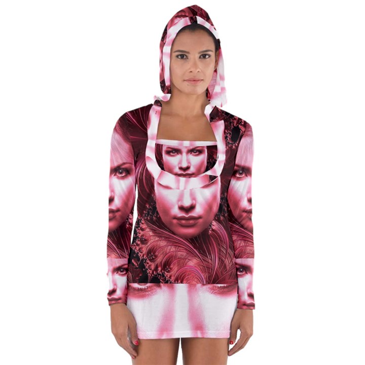 Portrait Woman Red Face Pretty Long Sleeve Hooded T-shirt