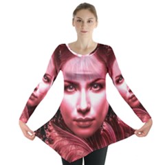 Portrait Woman Red Face Pretty Long Sleeve Tunic  by Wegoenart