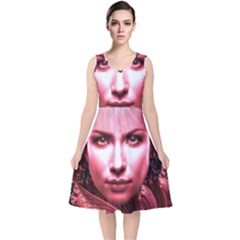 Portrait Woman Red Face Pretty V-neck Midi Sleeveless Dress 