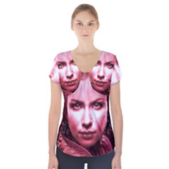 Portrait Woman Red Face Pretty Short Sleeve Front Detail Top by Wegoenart