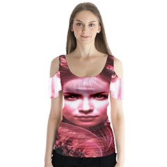 Portrait Woman Red Face Pretty Butterfly Sleeve Cutout Tee 