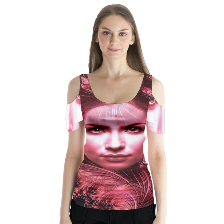 Portrait Woman Red Face Pretty Butterfly Sleeve Cutout Tee 