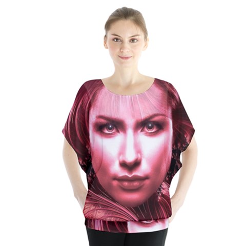 Portrait Woman Red Face Pretty Batwing Chiffon Blouse by Wegoenart