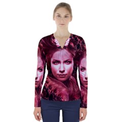 Portrait Woman Red Face Pretty V-neck Long Sleeve Top by Wegoenart