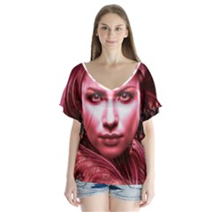 Portrait Woman Red Face Pretty V-neck Flutter Sleeve Top by Wegoenart