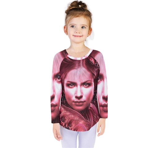 Portrait Woman Red Face Pretty Kids  Long Sleeve Tee by Wegoenart