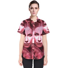 Portrait Woman Red Face Pretty Women s Short Sleeve Shirt