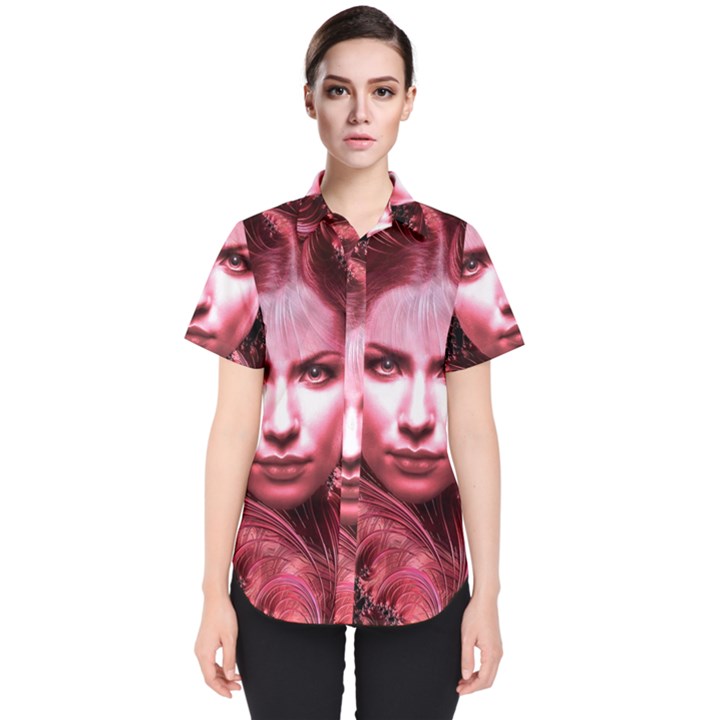 Portrait Woman Red Face Pretty Women s Short Sleeve Shirt