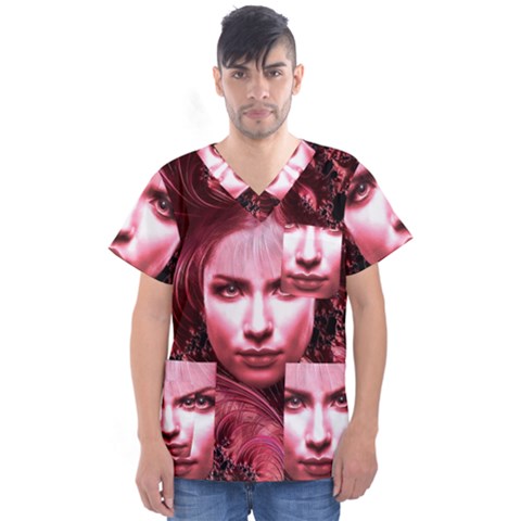 Portrait Woman Red Face Pretty Men s V-neck Scrub Top by Wegoenart