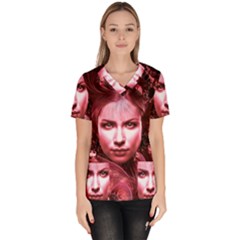 Portrait Woman Red Face Pretty Women s V-neck Scrub Top by Wegoenart