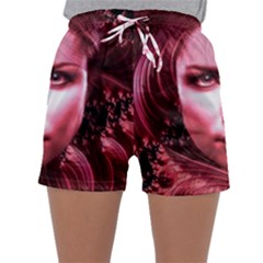 Portrait Woman Red Face Pretty Sleepwear Shorts by Wegoenart