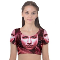 Portrait Woman Red Face Pretty Velvet Short Sleeve Crop Top  by Wegoenart