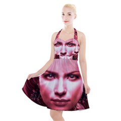 Portrait Woman Red Face Pretty Halter Party Swing Dress 