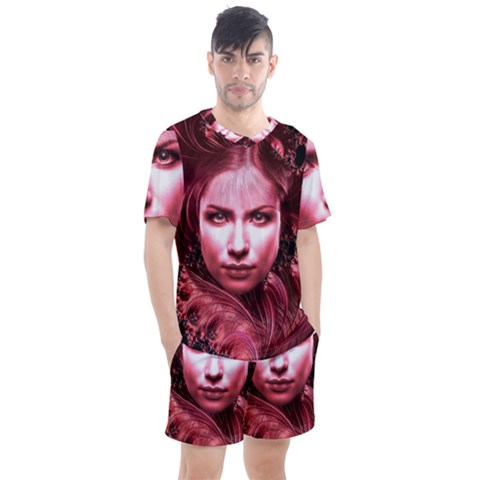 Portrait Woman Red Face Pretty Men s Mesh Tee And Shorts Set by Wegoenart