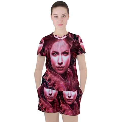 Portrait Woman Red Face Pretty Women s Tee And Shorts Set by Wegoenart