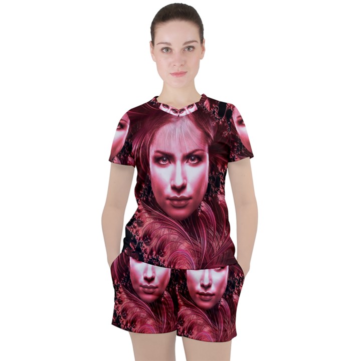 Portrait Woman Red Face Pretty Women s Tee and Shorts Set