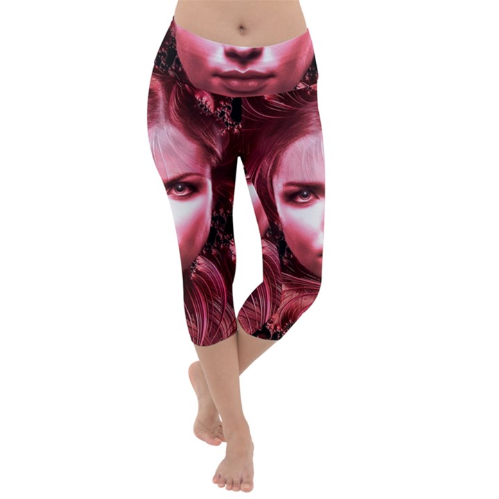 Portrait Woman Red Face Pretty Lightweight Velour Capri Yoga Leggings