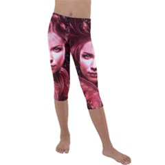 Portrait Woman Red Face Pretty Kids  Lightweight Velour Capri Leggings  by Wegoenart