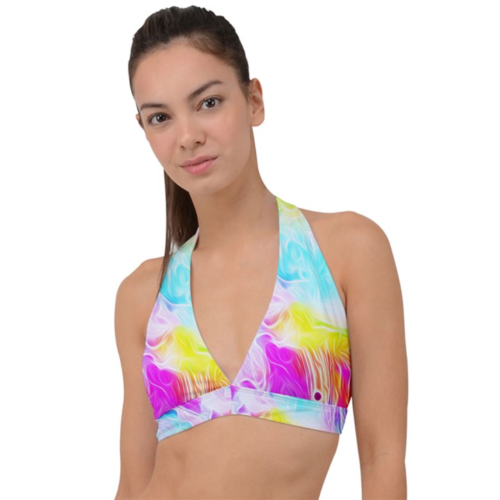 Background Drips Fluid Colorful Pattern Halter Plunge Bikini Top