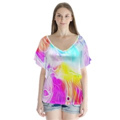 Background Drips Fluid Colorful Pattern V-neck Flutter Sleeve Top by Wegoenart