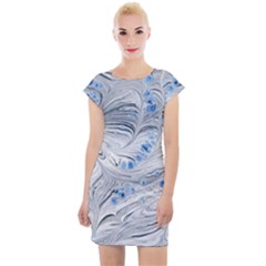 Marbled Paper Mottle Color Movement Blue White Cap Sleeve Bodycon Dress by Wegoenart