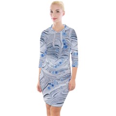 Marbled Paper Mottle Color Movement Blue White Quarter Sleeve Hood Bodycon Dress by Wegoenart