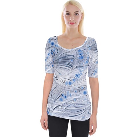 Marbled Paper Mottle Color Movement Blue White Wide Neckline Tee by Wegoenart