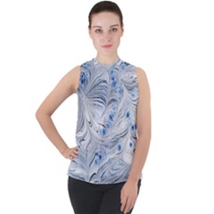 Marbled Paper Mottle Color Movement Blue White Mock Neck Chiffon Sleeveless Top