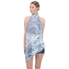 Marbled Paper Mottle Color Movement Blue White Halter Asymmetric Satin Top