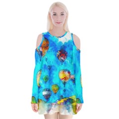 Hot Air Balloon Sky Art Watercolor Velvet Long Sleeve Shoulder Cutout Dress