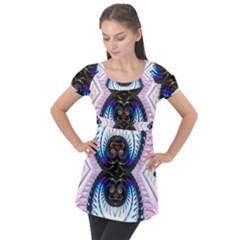 Pattern Texture Fractal Colorful Puff Sleeve Tunic Top