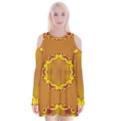 Abstract Fractal Pattern Washed Out Velvet Long Sleeve Shoulder Cutout Dress by Wegoenart