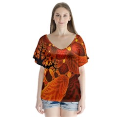 Leaf Autumn Nature Background V-neck Flutter Sleeve Top by Wegoenart