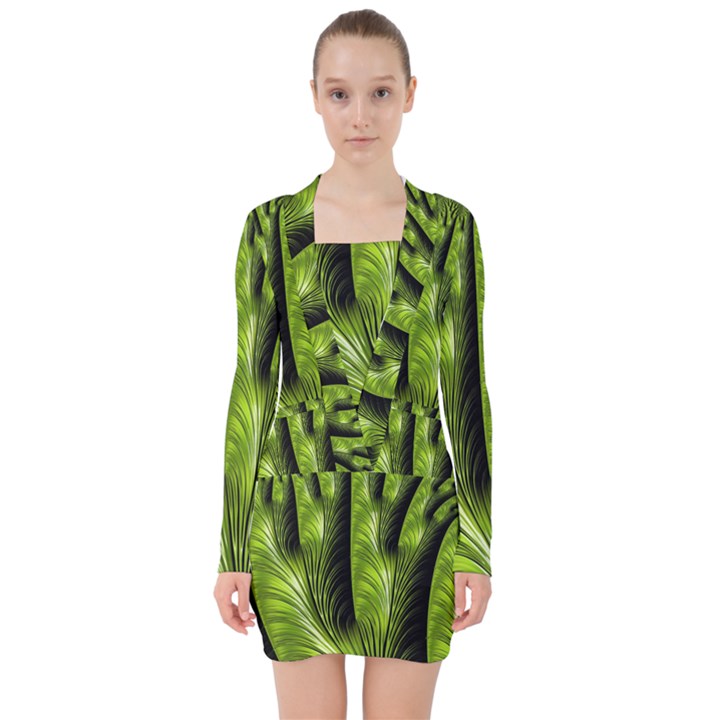 Fractal Background Abstract Green V-neck Bodycon Long Sleeve Dress