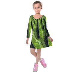 Fractal Background Abstract Green Kids  Long Sleeve Velvet Dress by Wegoenart