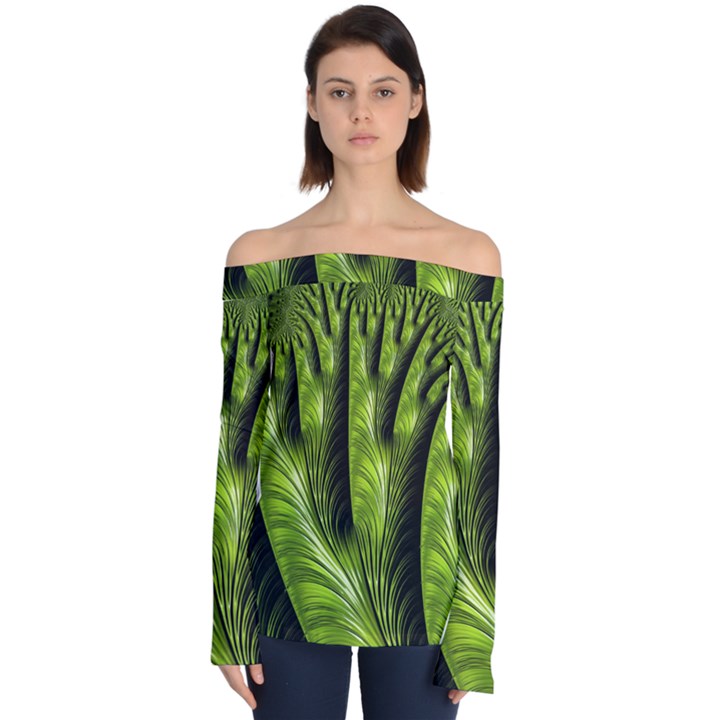 Fractal Background Abstract Green Off Shoulder Long Sleeve Top