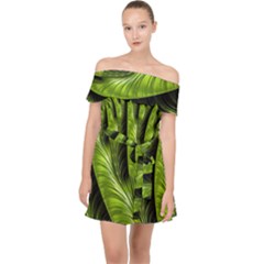 Fractal Background Abstract Green Off Shoulder Chiffon Dress