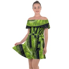 Fractal Background Abstract Green Off Shoulder Velour Dress